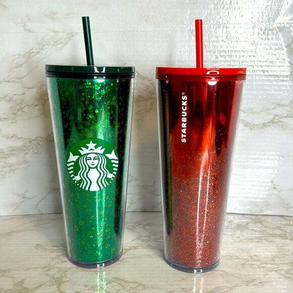 NWT Starbucks holiday 2019 Venti red glitter holiday and green holiday tumblers - Picture 1 of 9